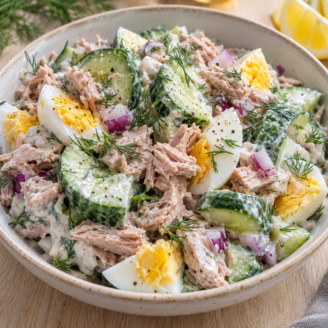 Thunfisch-Gurken-Salat mit Ei, roten Zwiebeln und Dill