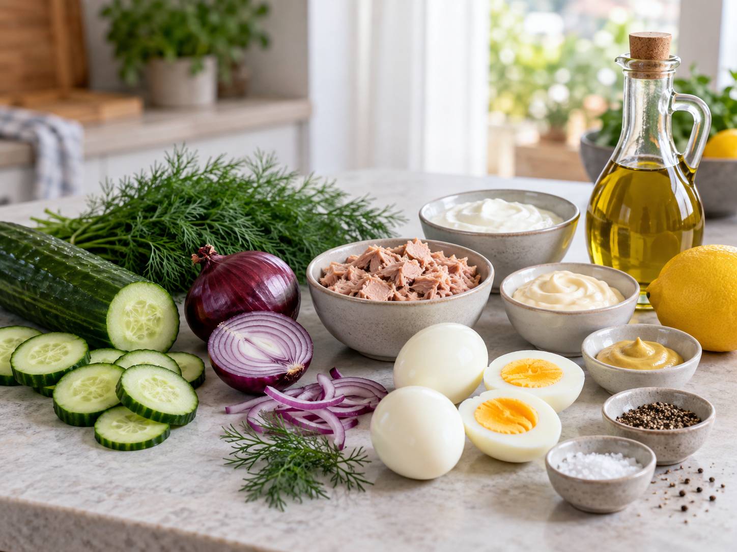 Zutaten für Thunfisch-Gurken-Salat mit Ei auf heller Arbeitsfläche