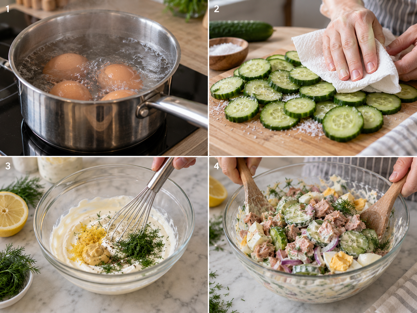 Vier Schritte für Thunfisch-Gurken-Salat mit Ei vom Kochen bis Mischen