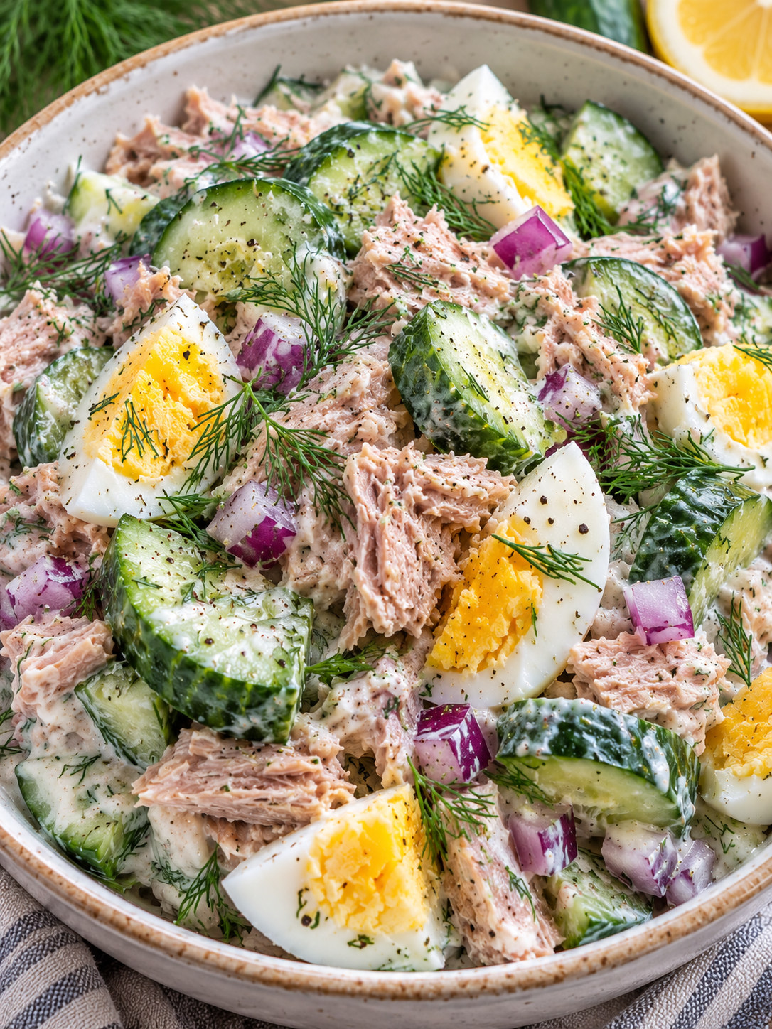 Cremiger Thunfisch-Gurken-Salat mit Ei, Gurke und Dill