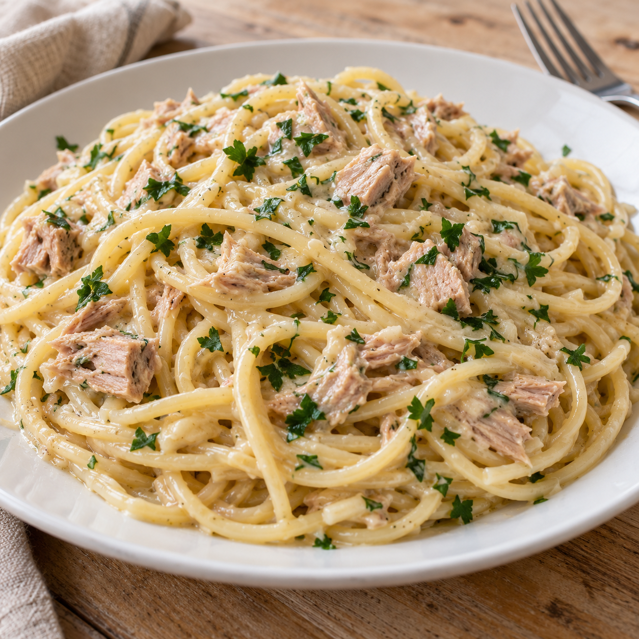 Thunfisch-Knoblauch-Spaghetti in heller Sahnesauce mit gehackter Petersilie