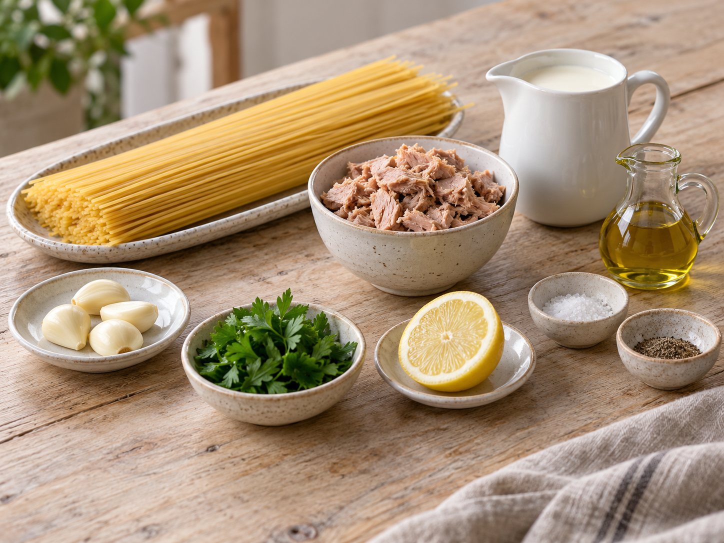 Spaghetti, Thunfisch, Knoblauch, Sahne, Petersilie und Zitrone mit Öl, Salz und Pfeffer