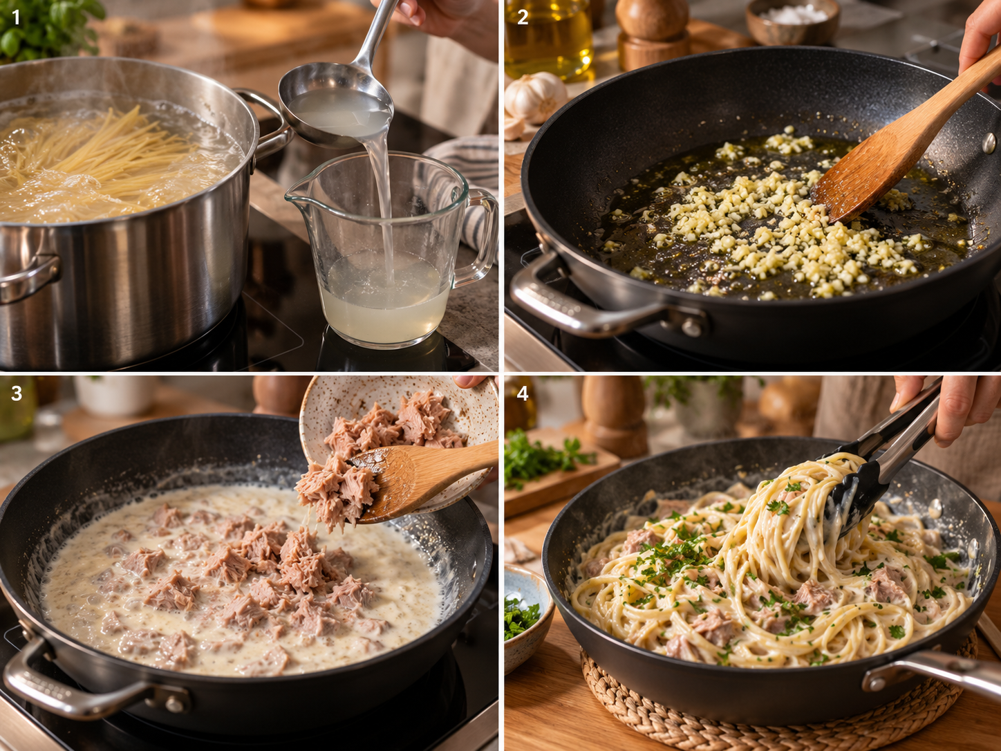 Spaghetti kochen, Knoblauch dünsten und Thunfisch mit Sahnesauce und Nudeln vermischen