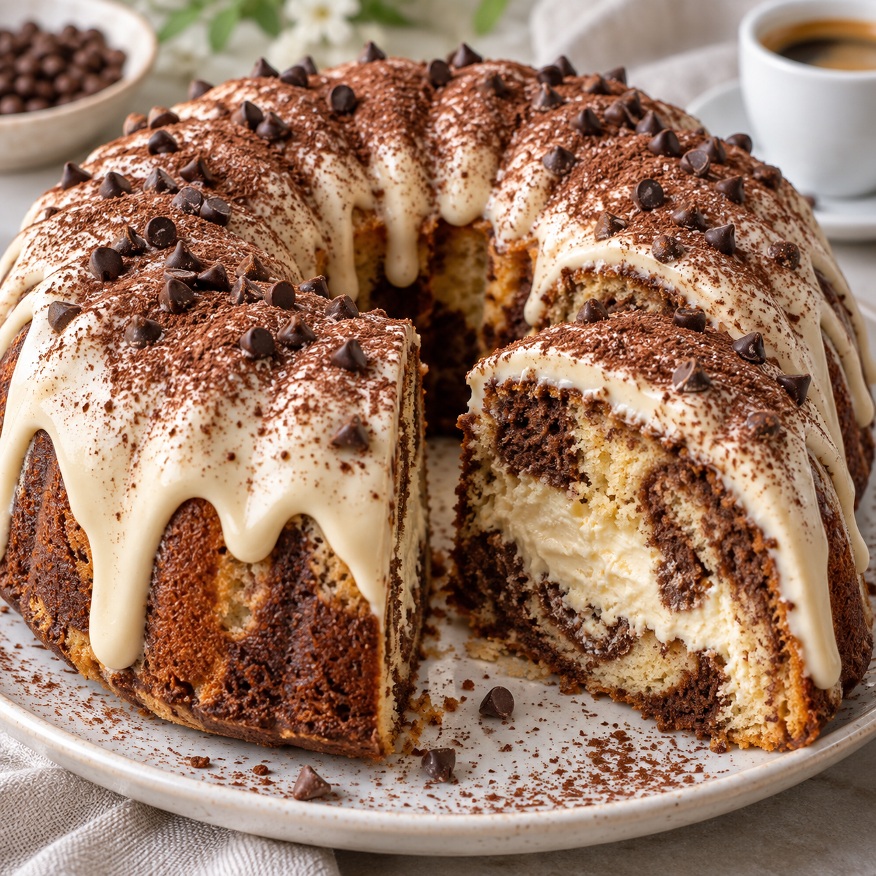 Tiramisu-Gugelhupf mit Mascarponefüllung, Kakao und Schokotropfen