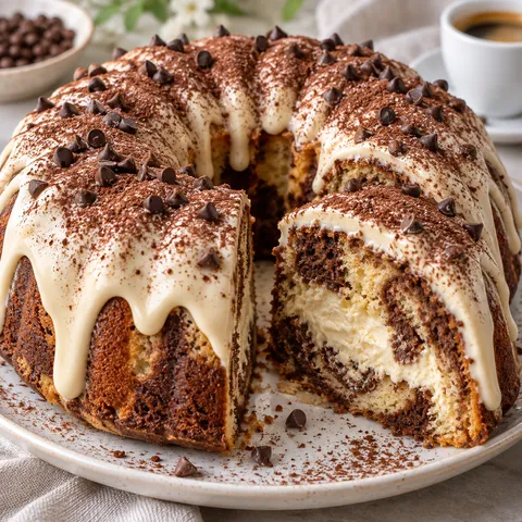 Tiramisu-Gugelhupf mit Mascarponefüllung, Kakao und Schokotropfen