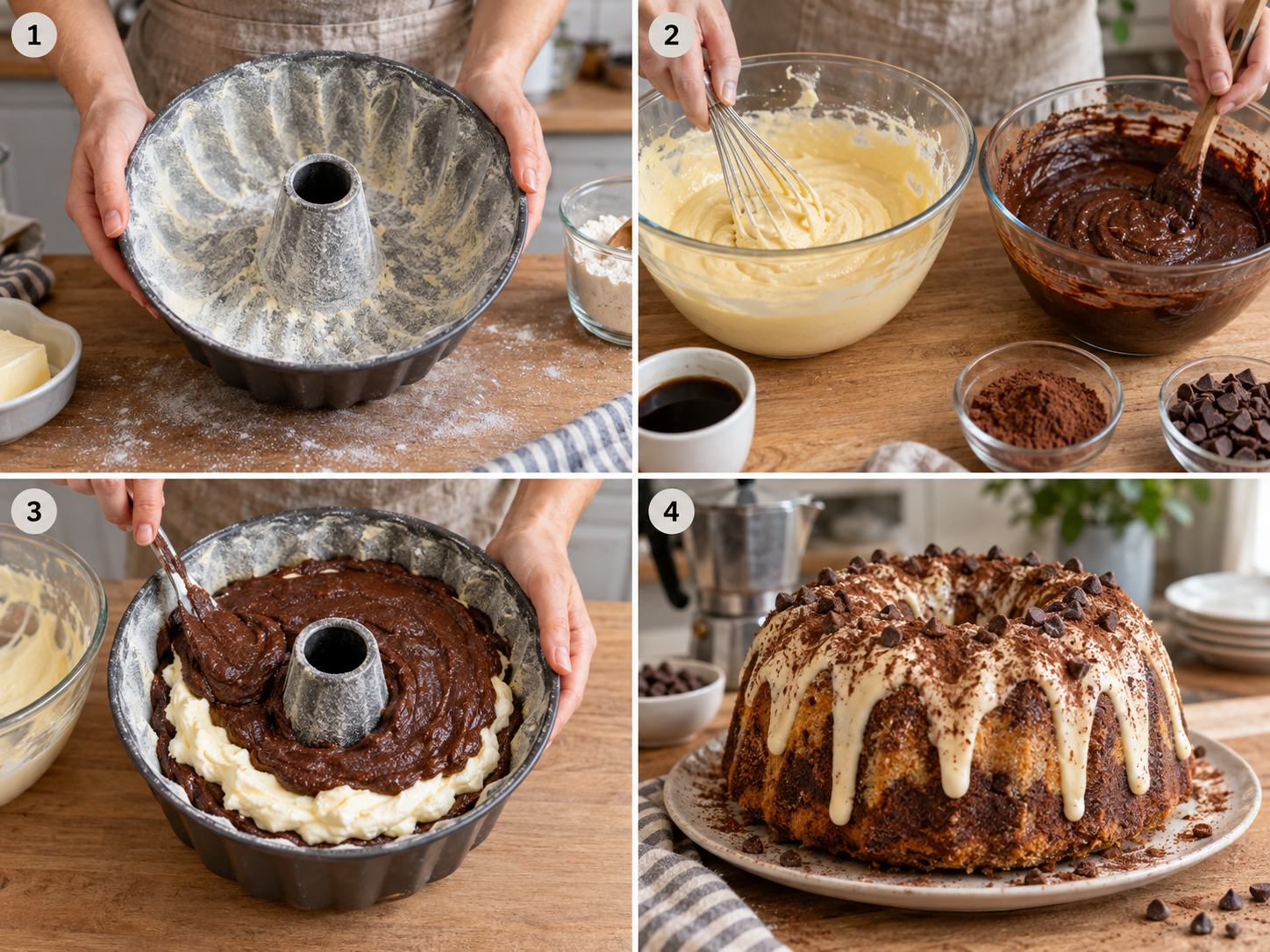 Vier Schritte für Tiramisu-Gugelhupf vom Einfetten bis zum Glasieren