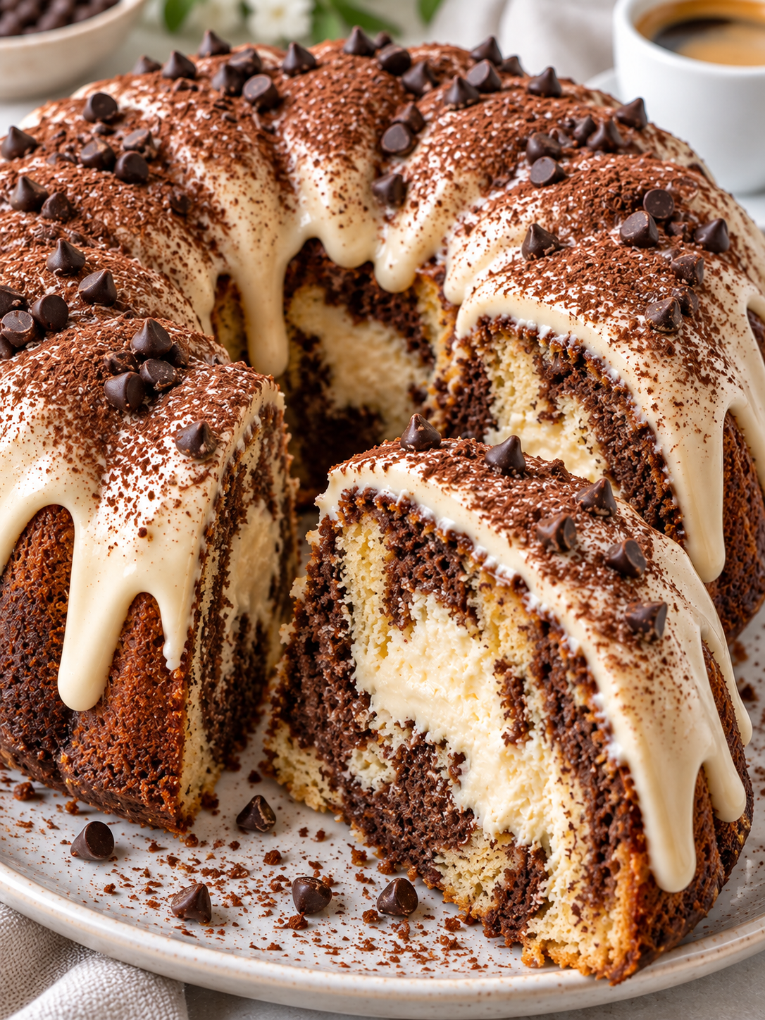 Angeschnittener Tiramisu-Gugelhupf mit Kakao, Cremefüllung und Schokotropfen