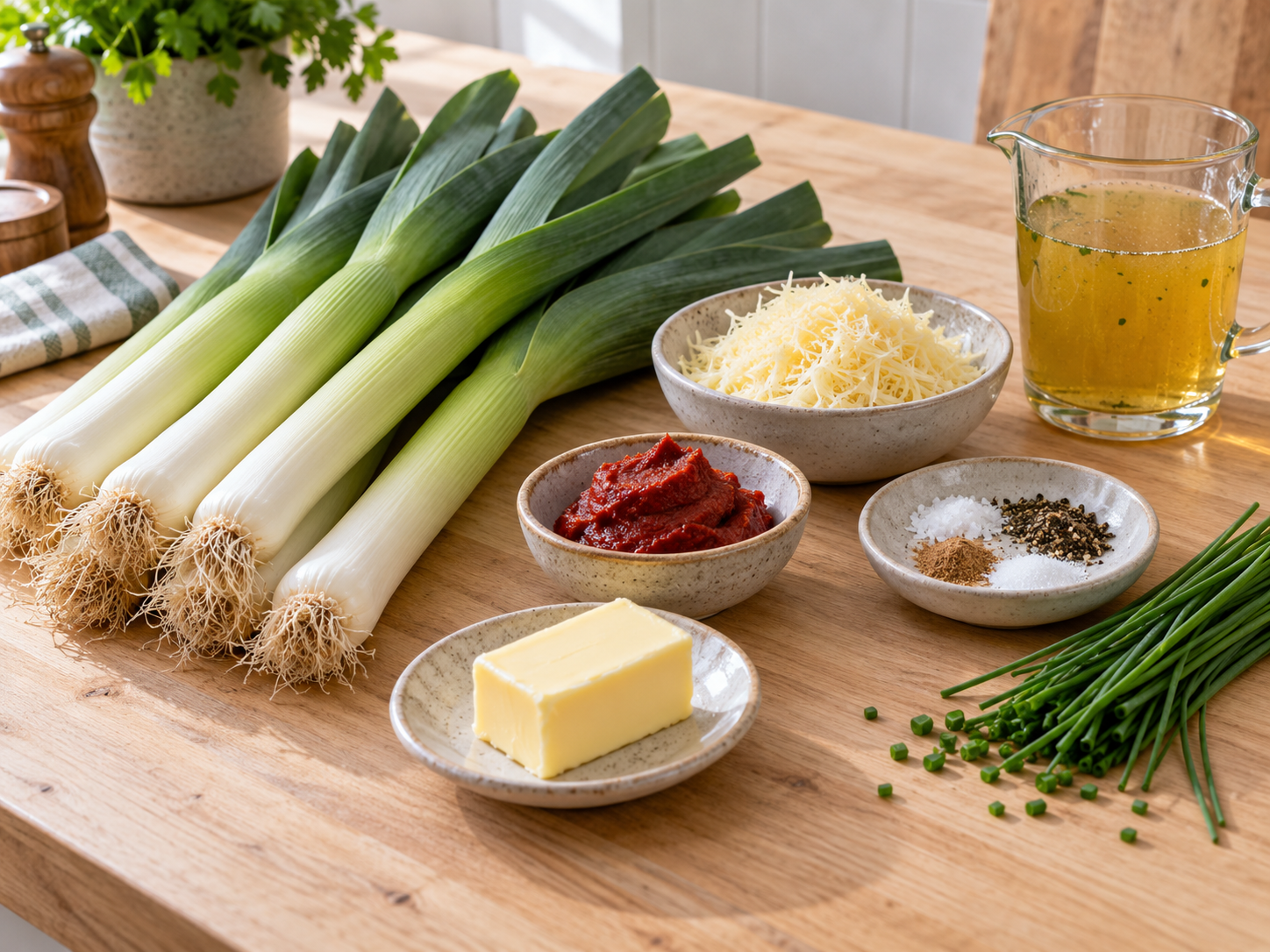 Zutaten für Tiroler Porreegemüse mit Butter, Tomatenmark und Käse
