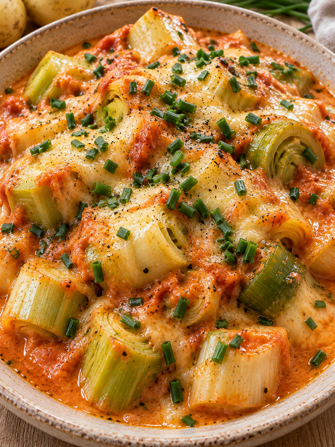 Cremiges Tiroler Porreegemüse mit Tomaten-Käse-Sauce