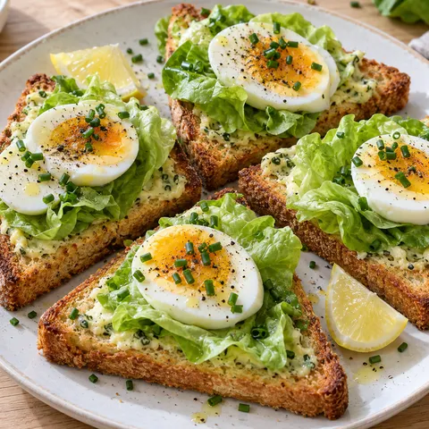 Toast mit Knoblauchbutter, Kopfsalat, Ei und Schnittlauch