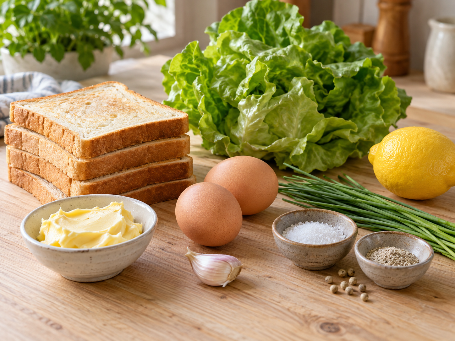 Zutaten für Toast mit Knoblauchbutter, Kopfsalat und Ei