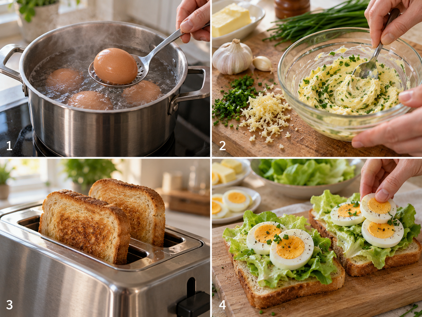 Vier Schritte für Toast mit Knoblauchbutter, Salat und Ei