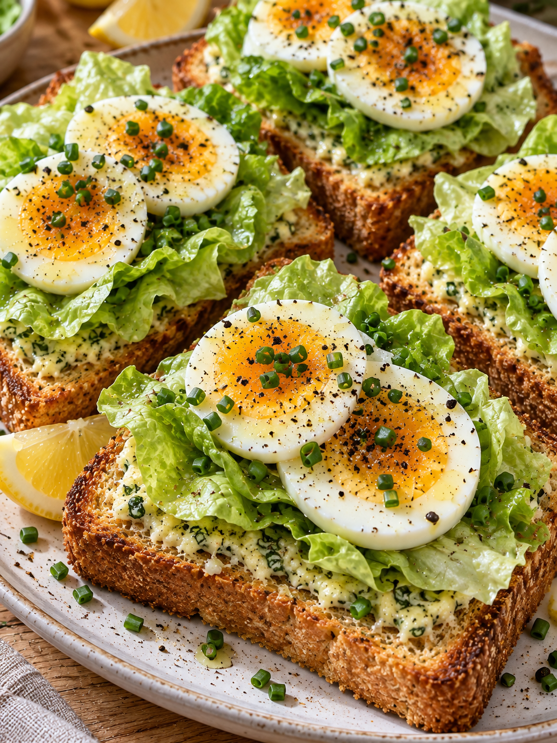 Goldbrauner Toast mit Knoblauchbutter, Kopfsalat und Ei