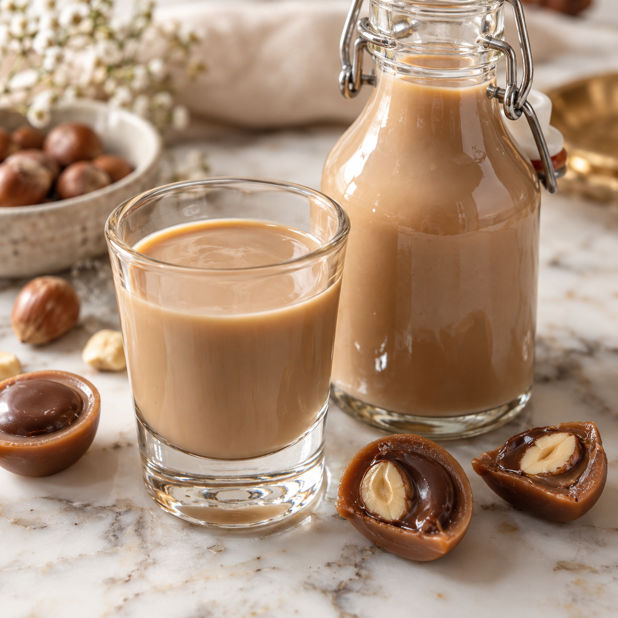 Cremiger Toffifee-Likör im Glas mit Pralinen und Bügelflasche