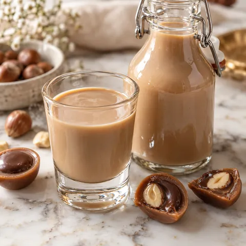 Cremiger Toffifee-Likör im Glas mit Pralinen und Bügelflasche
