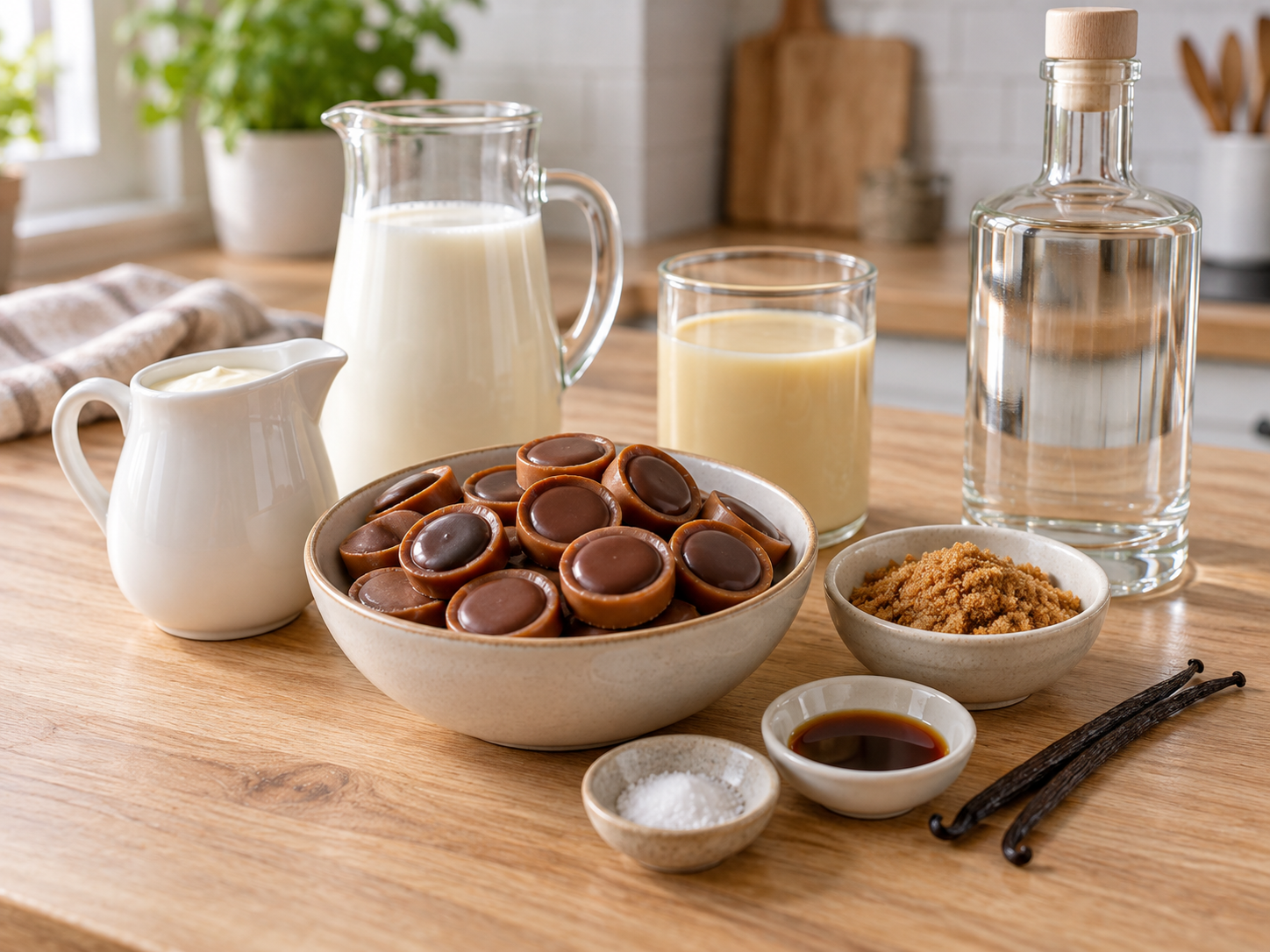 Zutaten für Toffifee-Likör mit Sahne, Milch, Wodka und Pralinen