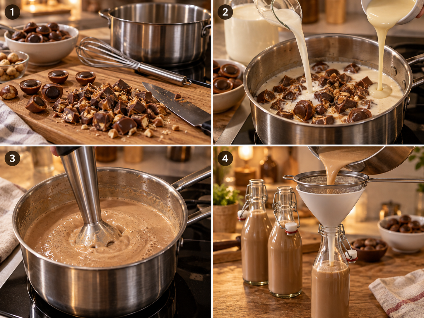 Vier Zubereitungsschritte für cremigen Toffifee-Likör