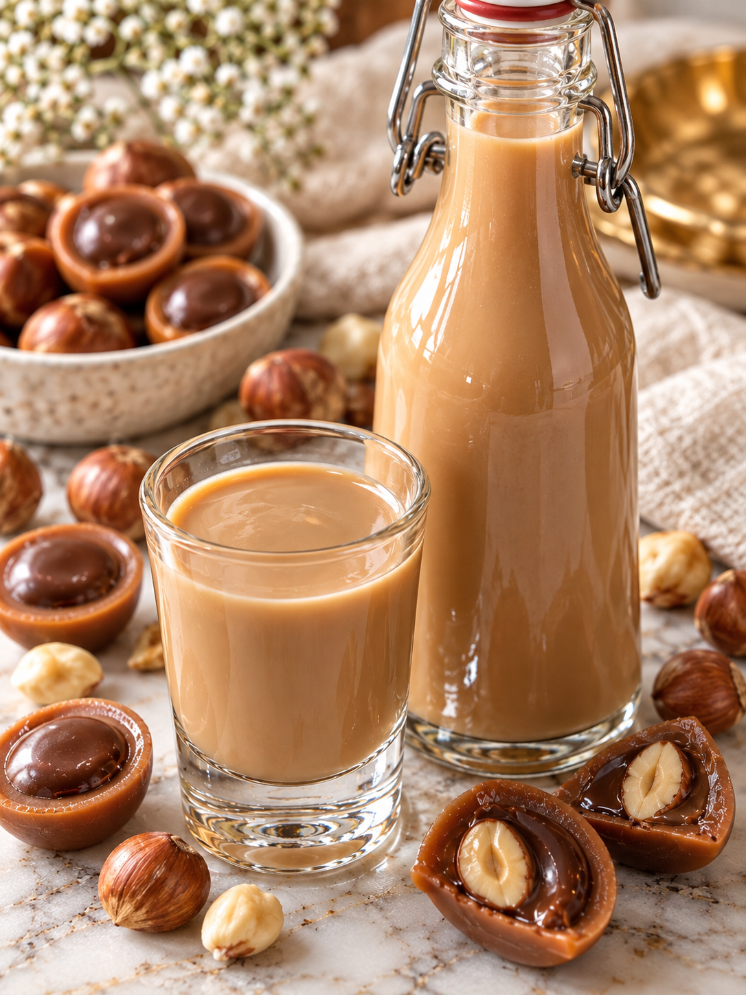 Toffifee-Likör in Glas und Flasche mit Karamell-Haselnuss-Pralinen