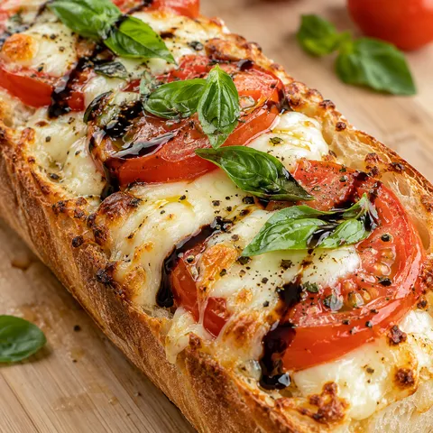 Überbackenes Tomate-Mozzarella-Baguette mit Basilikum