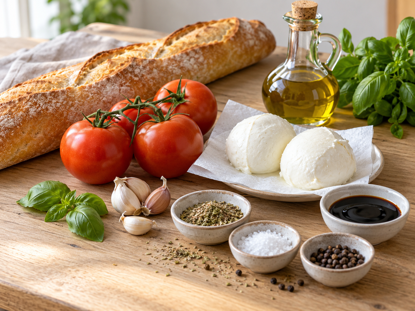 Zutaten für Tomate-Mozzarella-Baguette auf heller Holzfläche