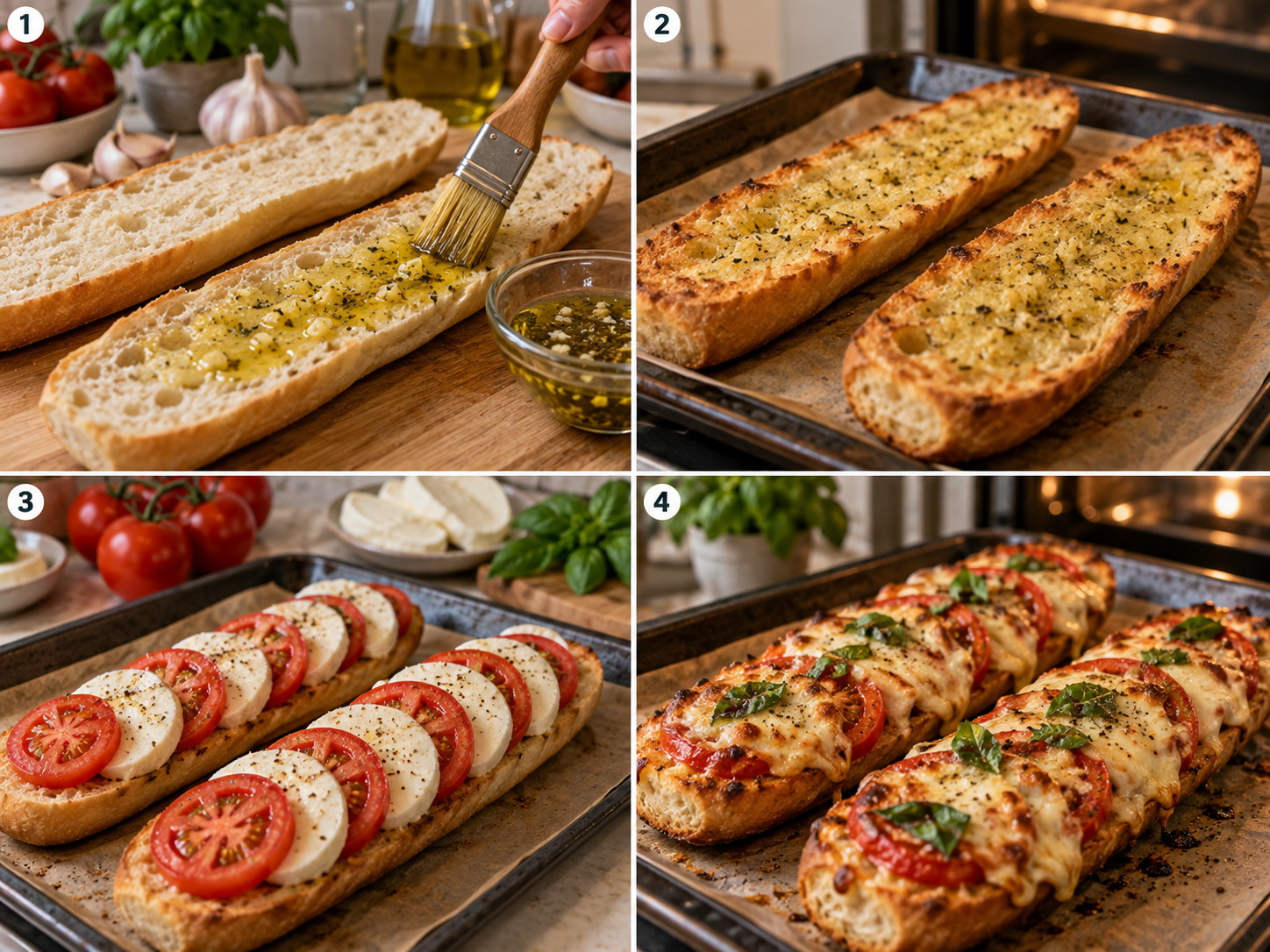 Vier Schritte für überbackenes Tomate-Mozzarella-Baguette