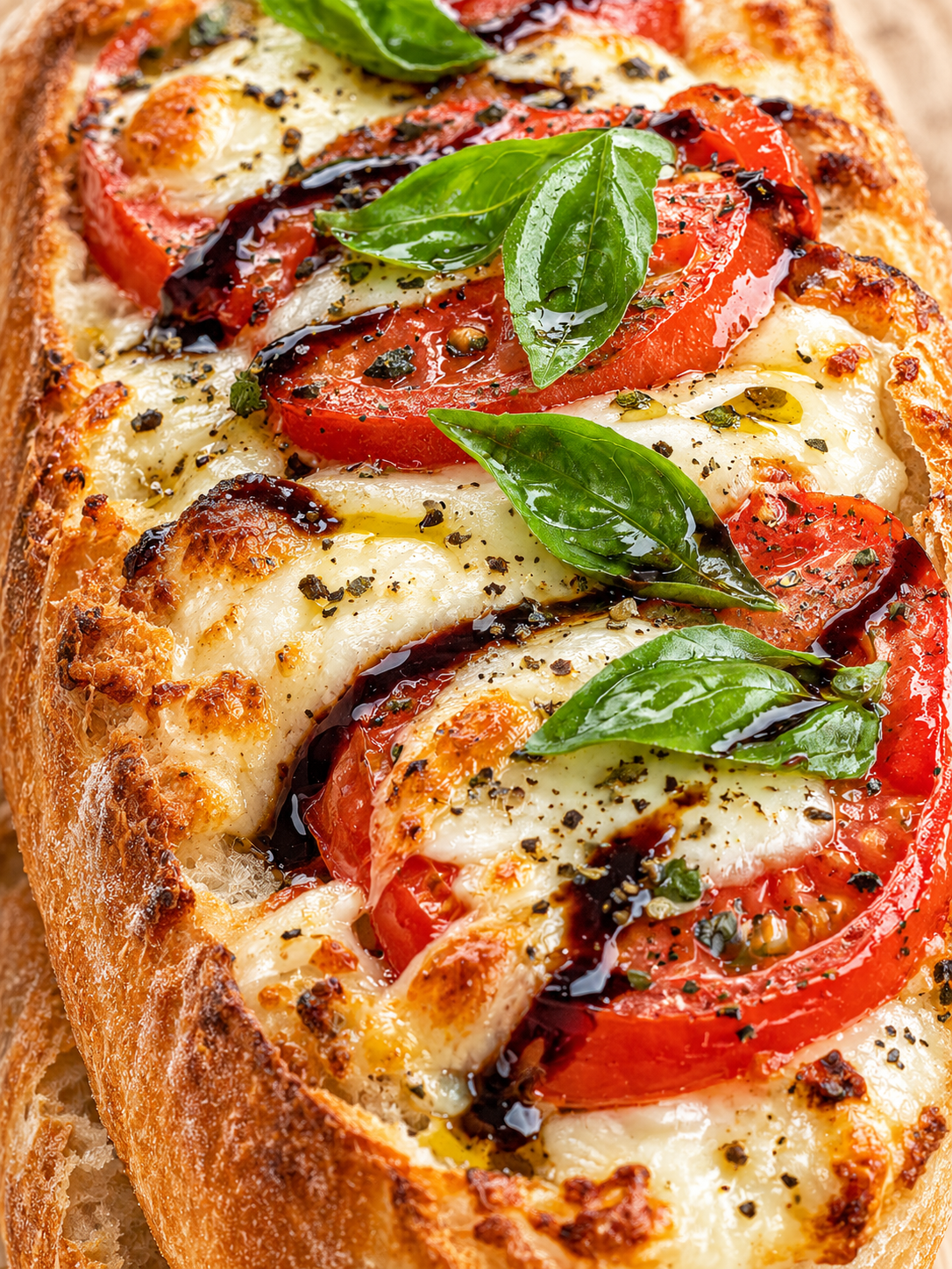 Tomate-Mozzarella-Baguette mit geschmolzenem Käse und Basilikum