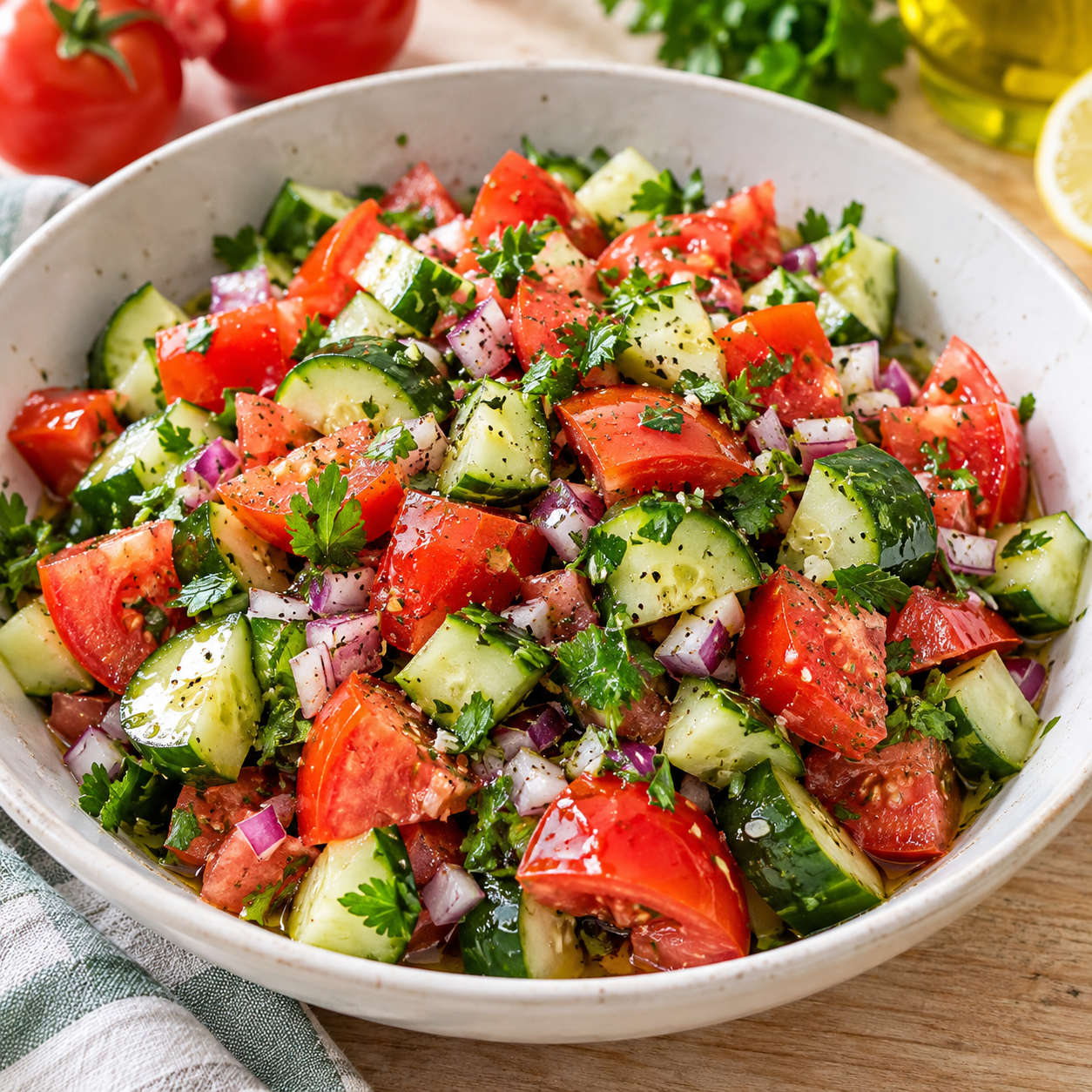Tomaten-Gurken-Salat mit Kräutern in einer weißen Schüssel