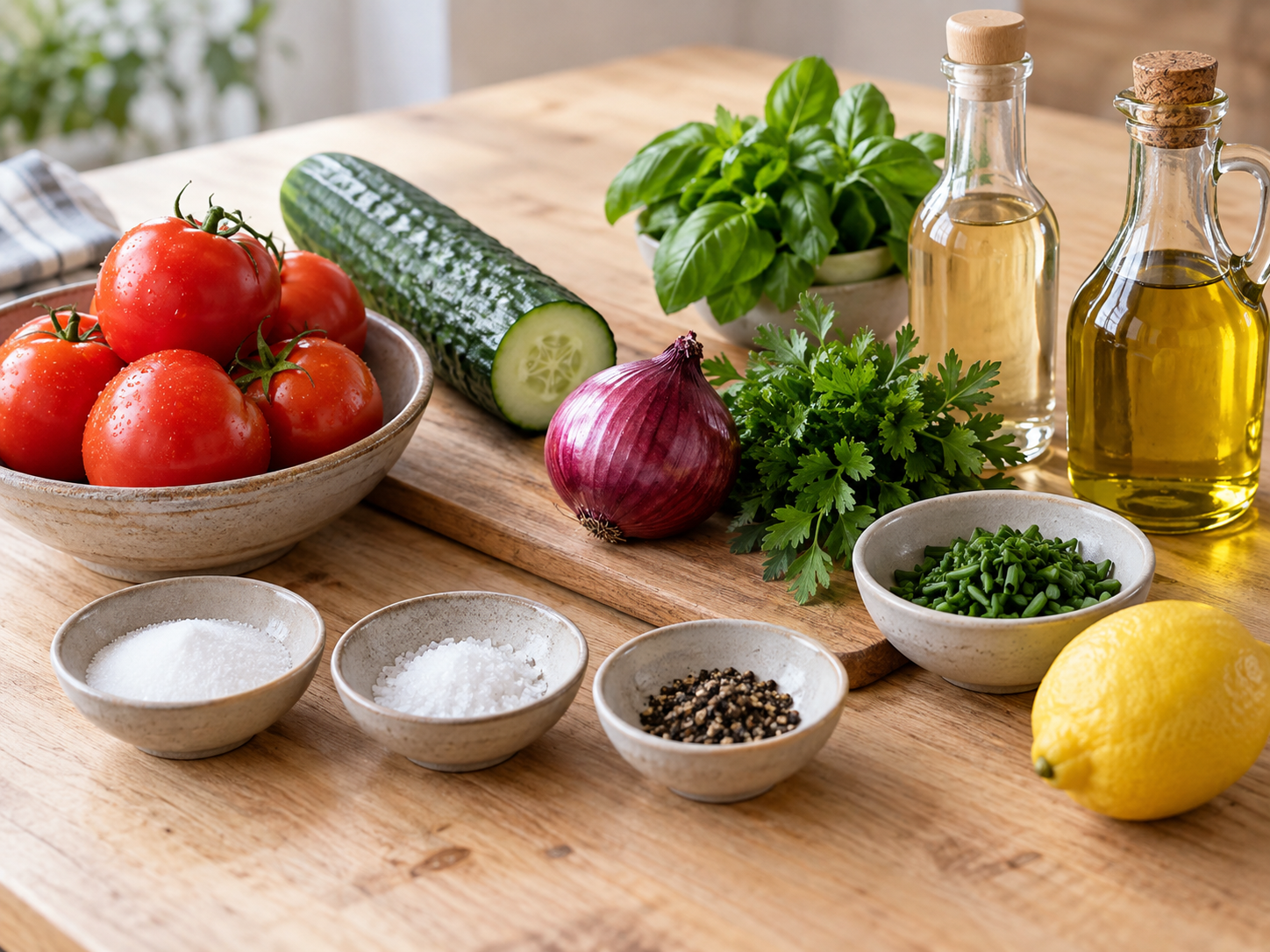Zutaten für Tomaten-Gurken-Salat mit Kräutern und Dressing