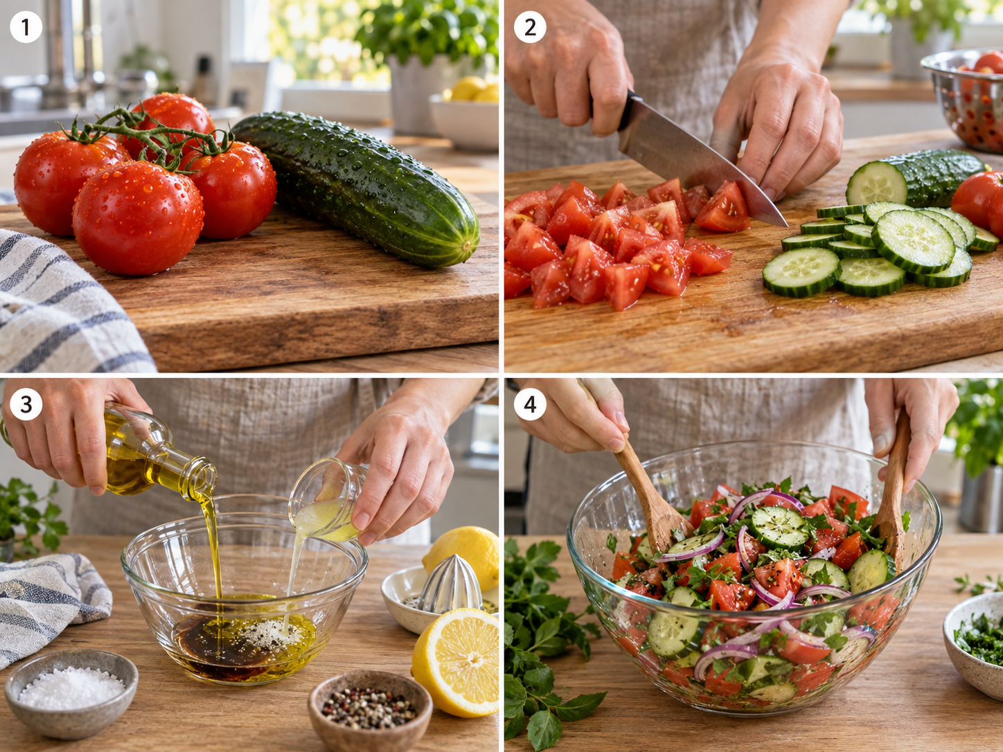 Vier Schritte für Tomaten-Gurken-Salat vom Schneiden bis zum Mischen