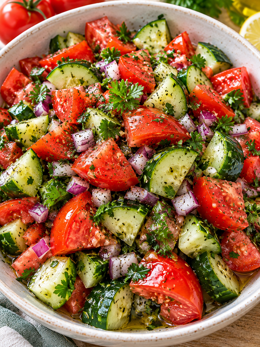 Saftiger Tomaten-Gurken-Salat mit Zwiebel und frischen Kräutern