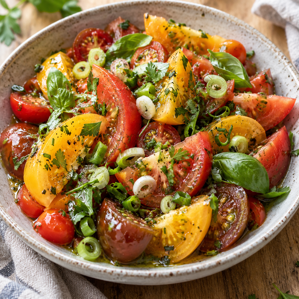 Tomatensalat mit Kräuterdressing in einer flachen Keramikschale