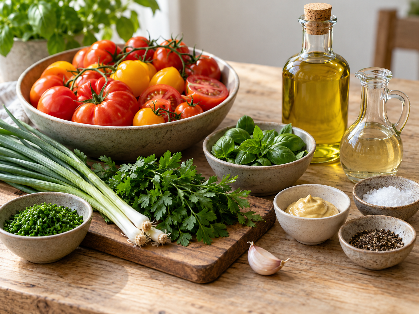 Zutaten für Tomatensalat mit Kräuterdressing auf heller Holzfläche