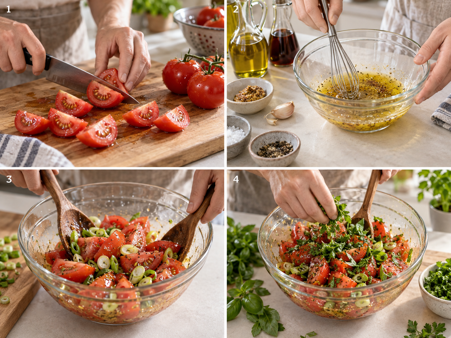 Vier Schritte für Tomatensalat mit Kräuterdressing