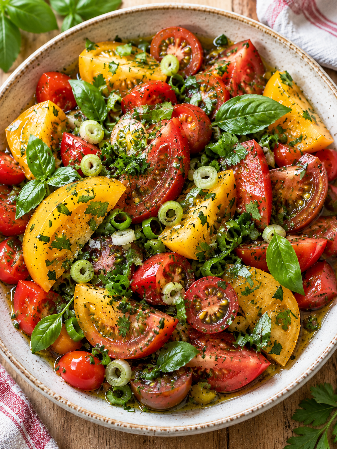 Bunter Tomatensalat mit Kräuterdressing und Frühlingszwiebeln