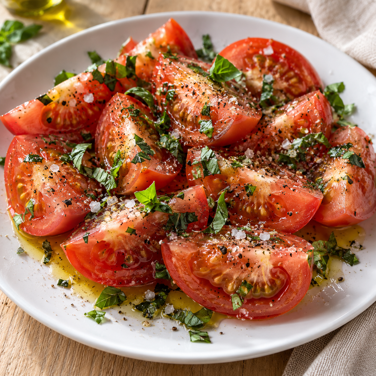 Tomatensalat mit Salz, Pfeffer und frischen Kräutern auf weißem Teller