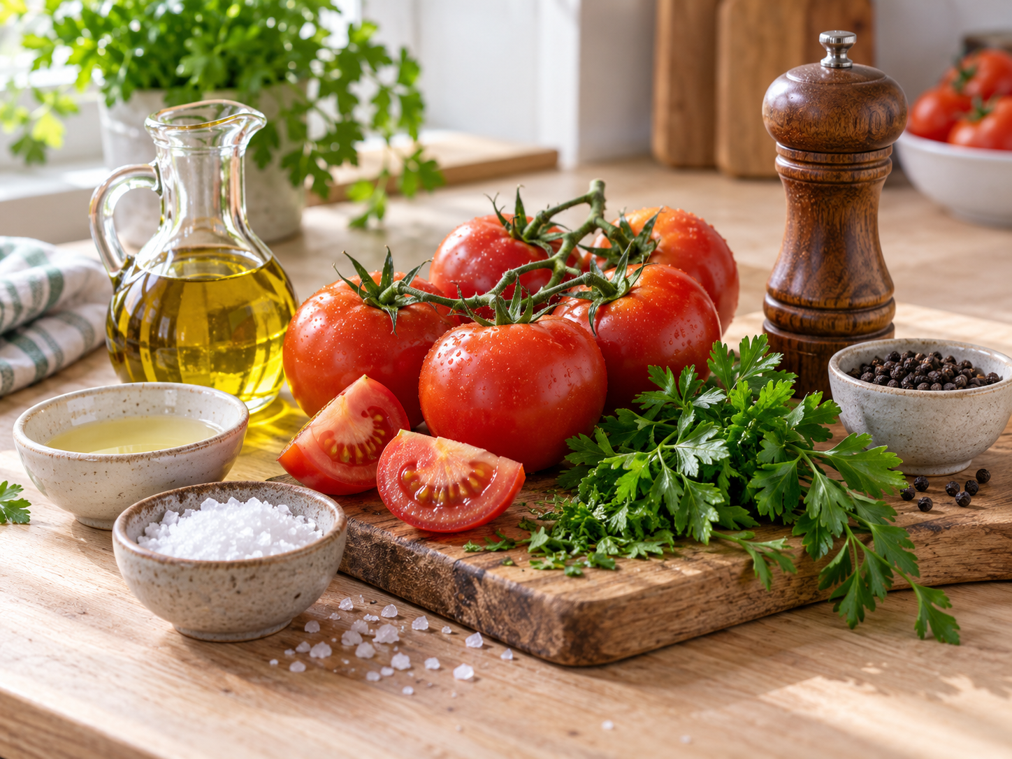 Zutaten für Tomatensalat mit Tomaten, Salz, Pfeffer und Kräutern