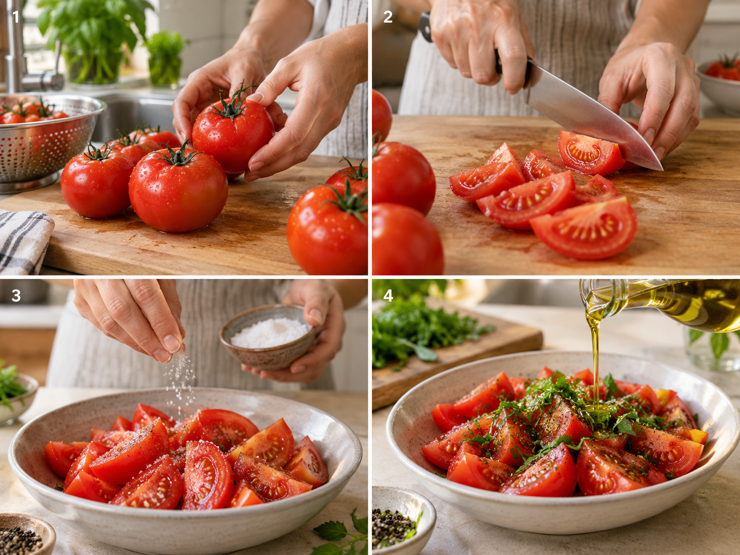 Vier Schritte für Tomatensalat vom Schneiden bis zum Würzen