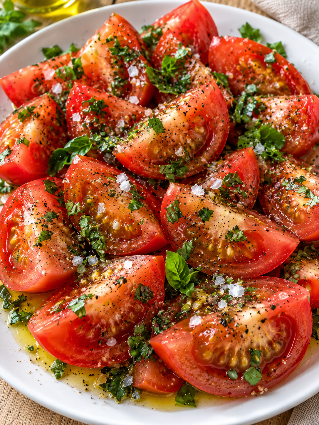 Saftiger Tomatensalat mit Pfeffer, Salz und Kräutern auf weißem Teller