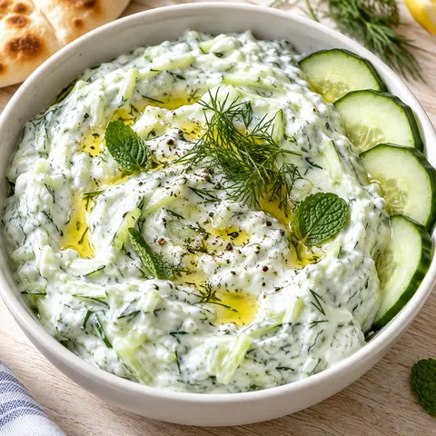 Cremiges Tzatziki mit Dill, Gurke und Olivenöl in einer weißen Schale