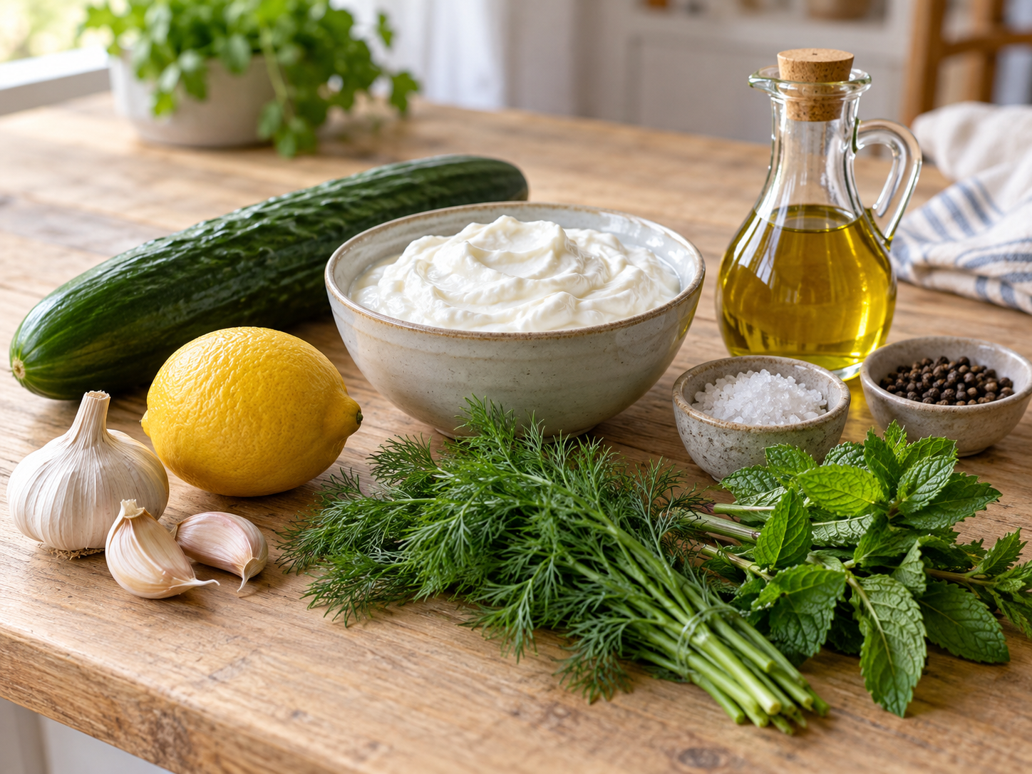 Zutaten für Tzatziki mit Joghurt, Gurke, Knoblauch, Zitrone und Kräutern