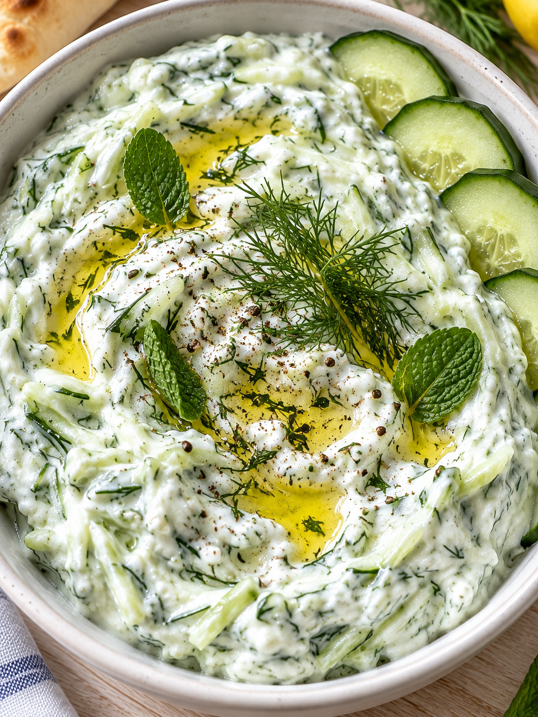 Dicke Schale Tzatziki mit Gurkenraspeln, Dill, Minze und Olivenöl