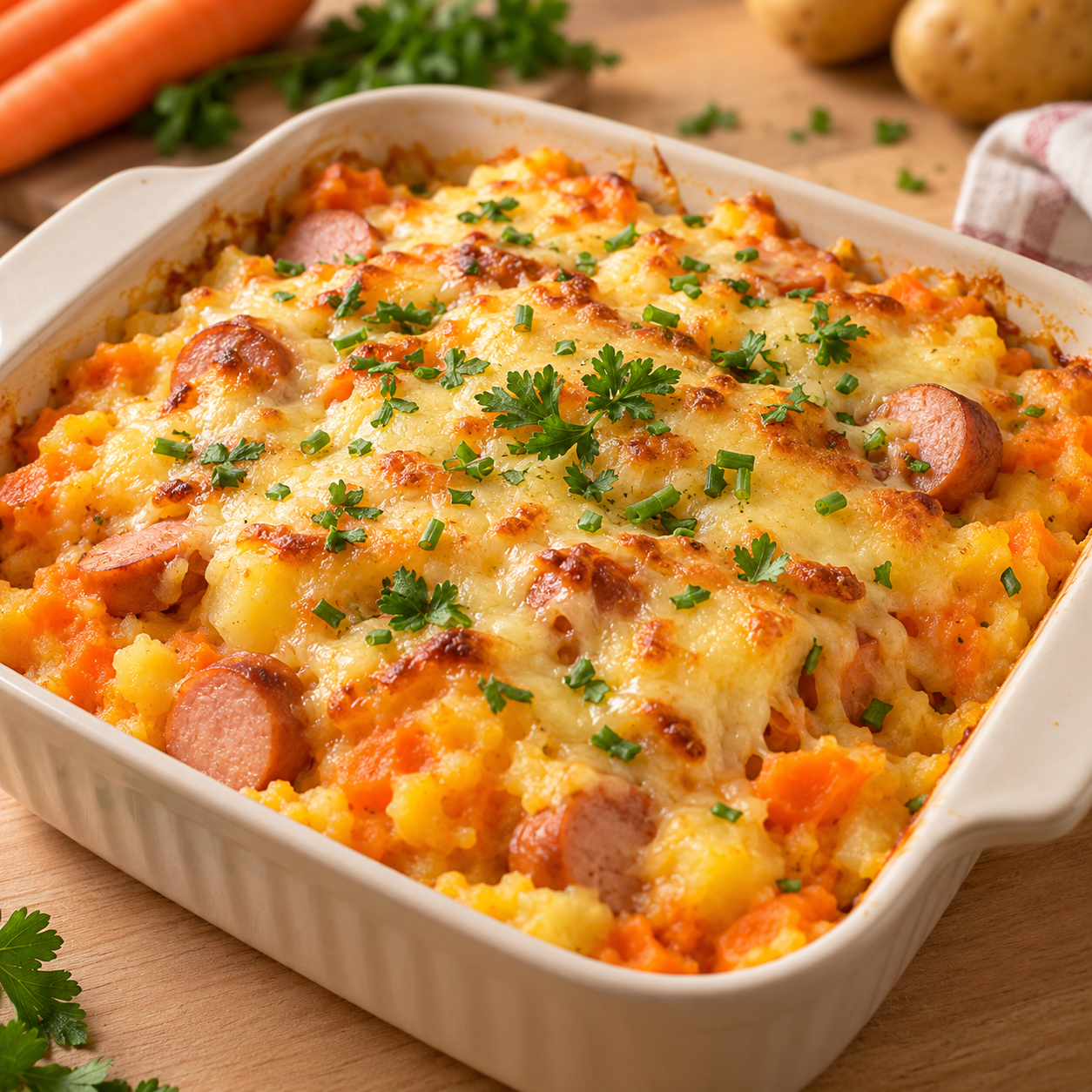 Überbackene Möhren mit Kartoffeln, Würstchen und Gouda in einer Form