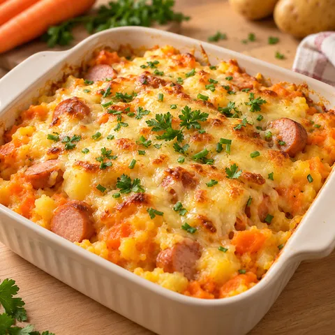 Überbackene Möhren mit Kartoffeln, Würstchen und Gouda in einer Form