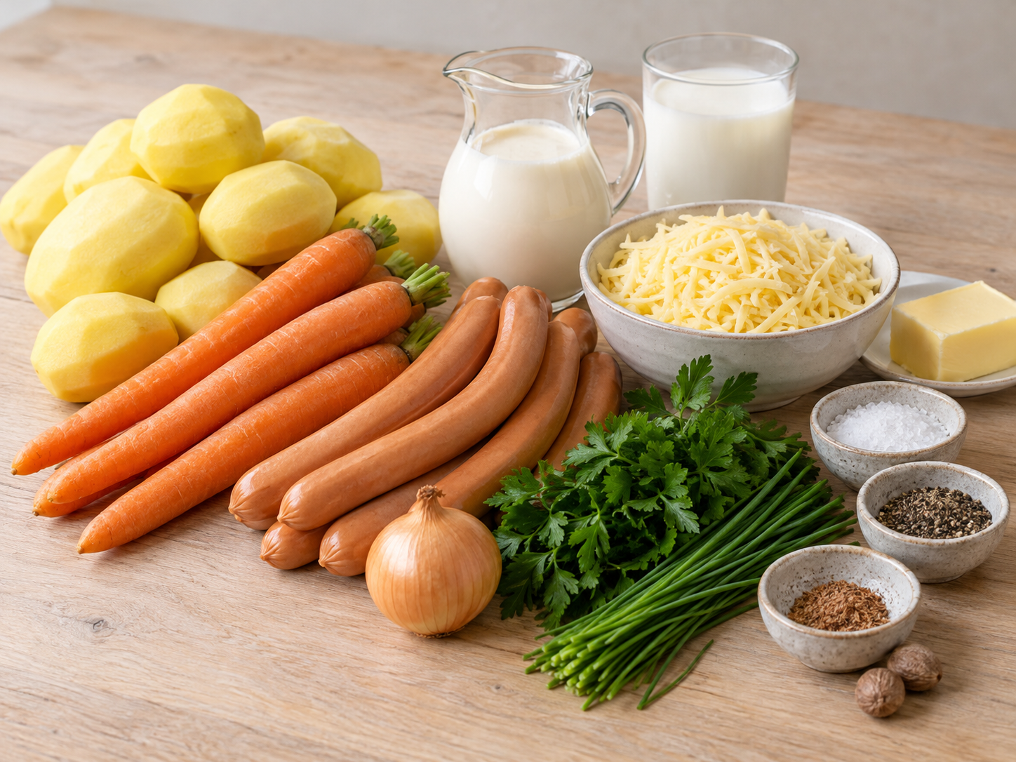 Zutaten für Möhren-Kartoffel-Auflauf mit Würstchen und Käse