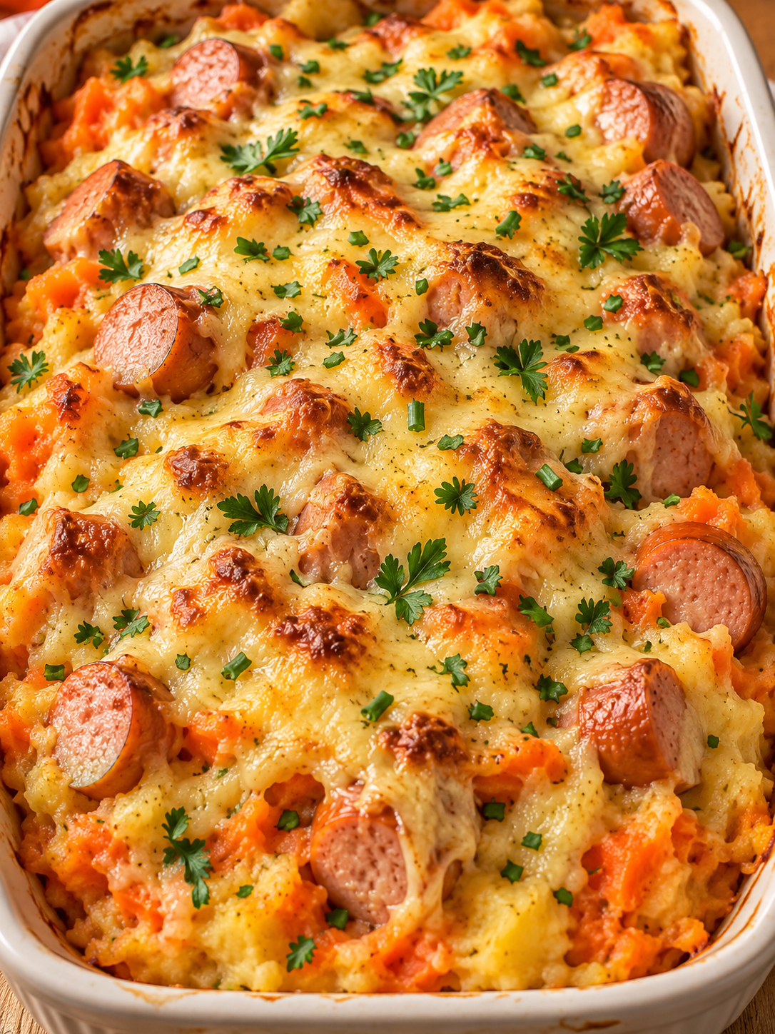 Cremiger Möhren-Kartoffel-Auflauf mit Würstchen, Gouda und Kräutern