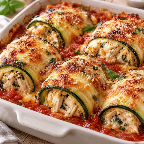 Überbackene Zucchini-Röllchen mit Hähnchen und goldener Käsekruste