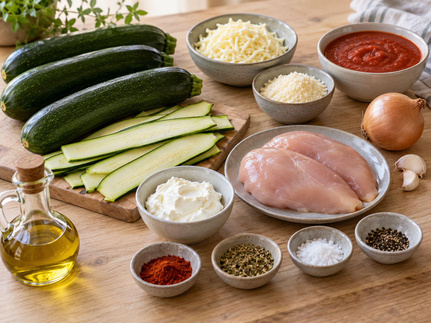 Zutaten für Zucchini-Röllchen mit Hähnchen, Käse und Tomatensauce