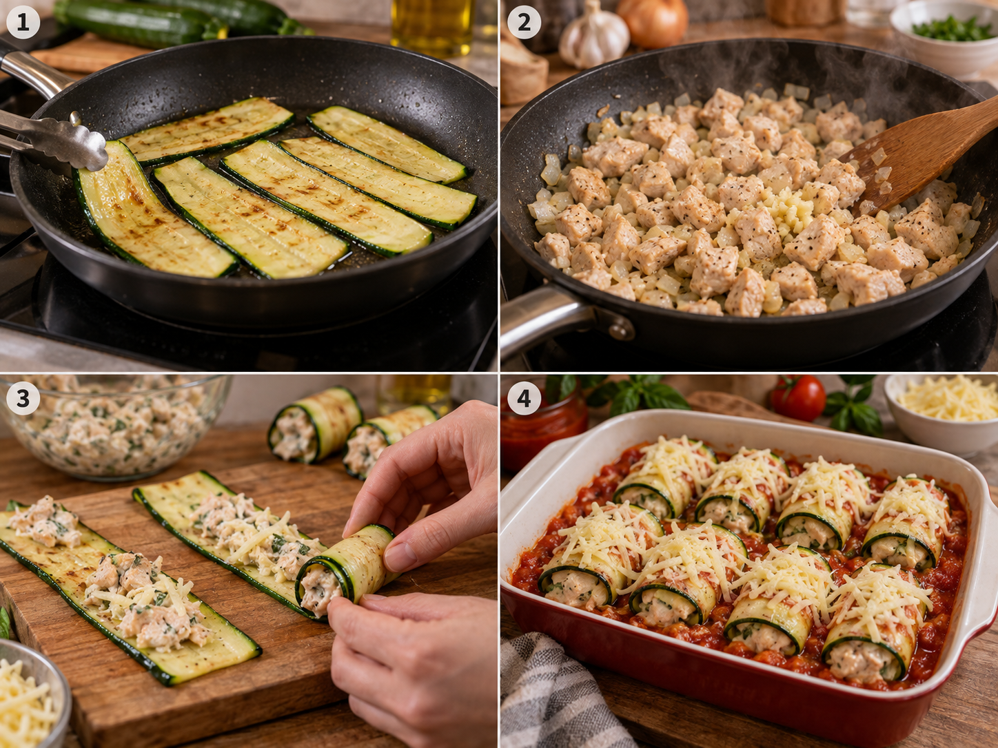 Vier Schritte für Zucchini-Röllchen vom Anbraten bis zum Überbacken
