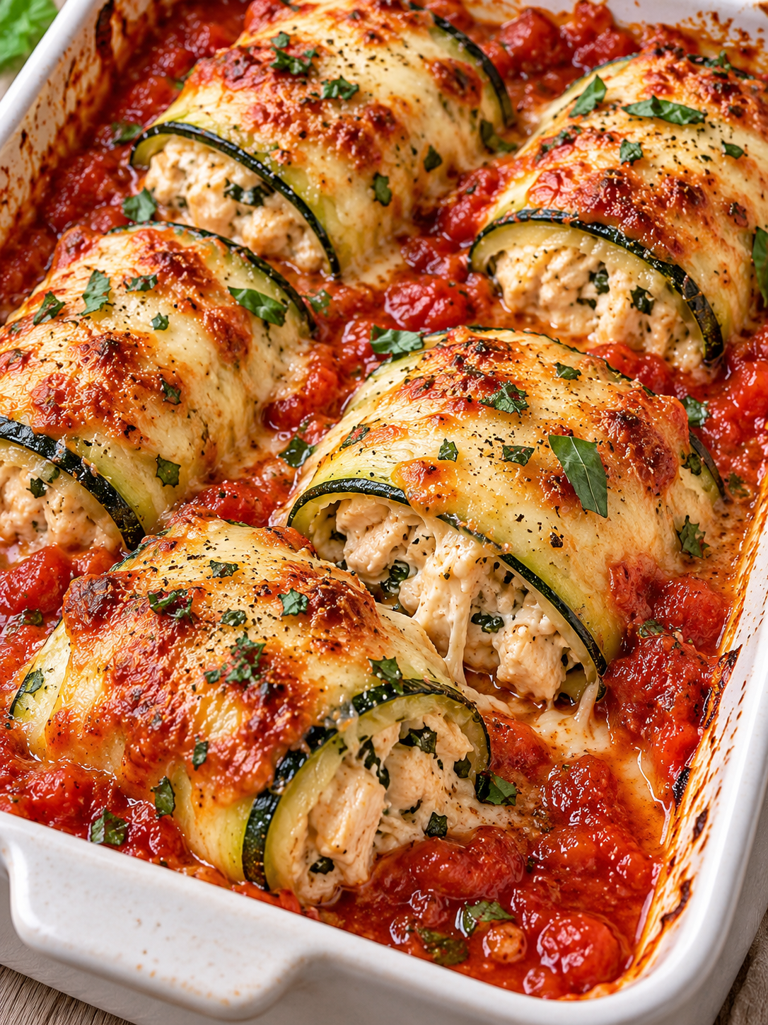 Überbackene Zucchini-Röllchen in Tomatensauce mit goldener Käsekruste