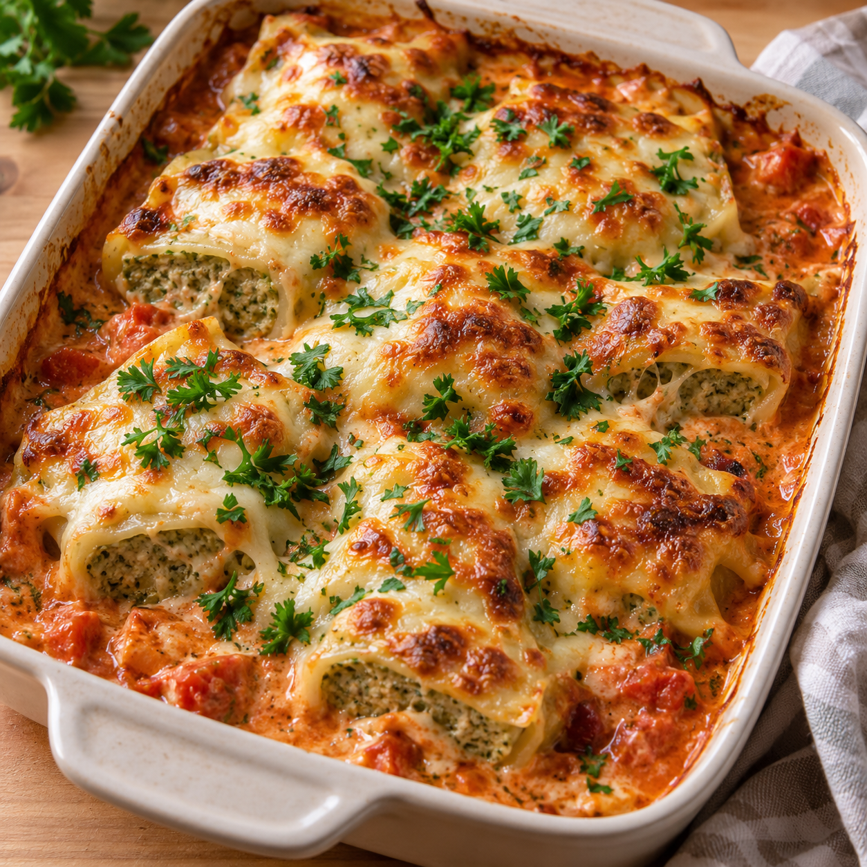 Überbackene Maultaschen mit goldener Käsekruste und Petersilie